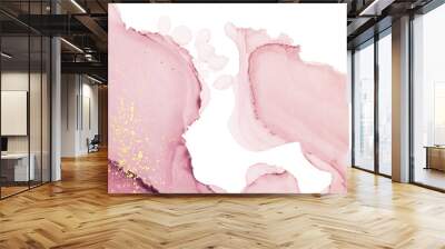 Modern watercolor background or elegant card design or wallpaper or poster with abstract pink ink waves and golden splashes. Wall mural