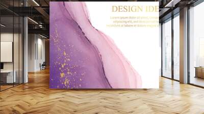 Modern watercolor background or elegant card design or wallpaper or poster with abstract purple and pink ink waves and golden splashes. Wall mural