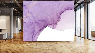 Modern watercolor background or elegant card design or wallpaper or poster with abstract purple ink waves and golden splashes. Wall mural