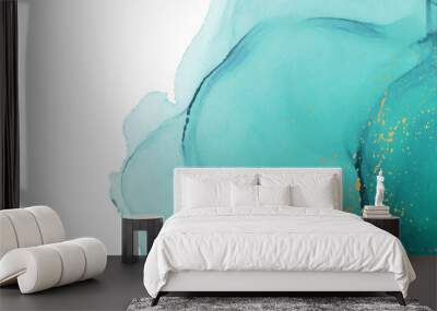 Modern watercolor background or elegant card design or wallpaper or poster with abstract turquoise ink waves and golden splashes. Wall mural