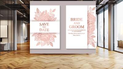 Set of luxury floral wedding invitation design or greeting card templates with rose gold and pink peonies and leaves on a white background. Wall mural