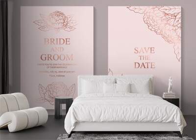 Set of luxury floral wedding invitation design or greeting card templates with rose gold peonies on a pink background. Wall mural