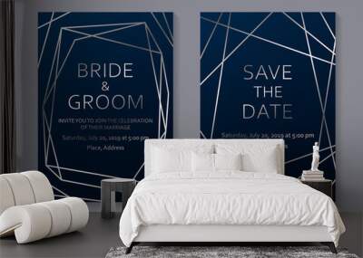 Set of modern geometric luxury wedding invitation design or card templates for business or presentation or greeting with silver lines on a navy blue background. Wall mural