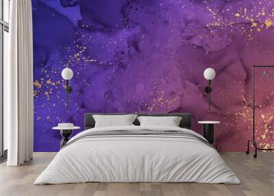 Space background. Modern abstract luxury design or card template or wallpaper or poster with purple watercolor waves or fluid art in alcohol ink style with golden splashes. Wall mural