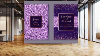 Wedding invitation design or greeting card templates with sparkling purple glitter confetti and rose gold frames on a dark violet background. Wall mural