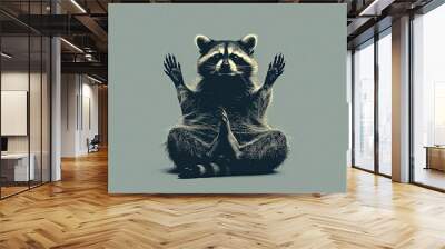 raccoon in zen pose. grey isolated background. Generative AI Wall mural