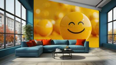 Realistic yellow glossy 3d emotion happy face. Emoticon collection Wall mural