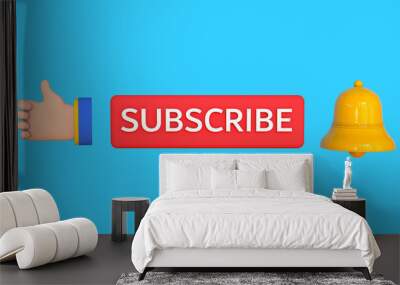 Red button subscribe to channel, bell button and thumb up isolated on bleu background. Social media notification. Trendy 3d illustration. Wall mural