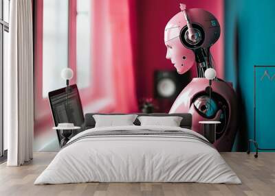 robot listens to music in headphones, pink and blue background	 Wall mural