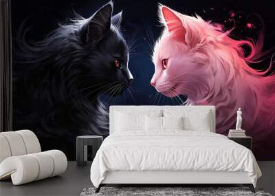 Romantic illustration. A cat and a kitty in love facing each other. Valentine's Day, wedding, greeting card Wall mural