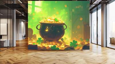 Saint Patrick's Day celebration, pot filled with gold saint patrick's cion Wall mural