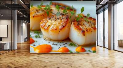 Scallops delicious meal in michelin star restaurant on white plate on white background Wall mural