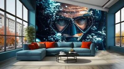 Scuba diver is diving deep underwater with bubbles around Wall mural