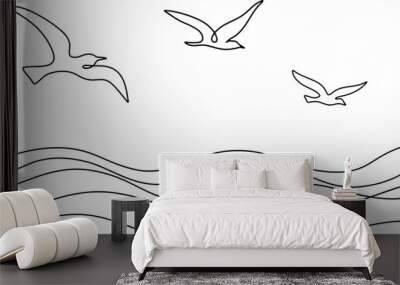 Sea. Seagulls. One line Wall mural