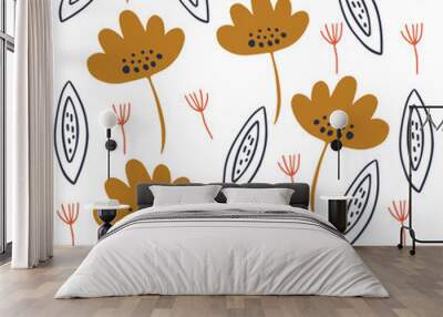 seamless pattern with yellow flowers and blue shapes with dots  Wall mural