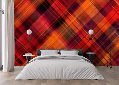 Seamless plaid pattern in vibrant autumn colors of red, orange, and yellow, ideal for seasonal designs and cozy textiles Wall mural