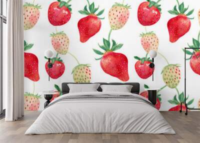 Seamless strawberries pattern. Watercolor background with ripe and green berries for fabric and decor Wall mural