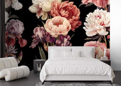 Seamless vector pattern with peony and iris flowers isolated on a changeable white background. Wall mural