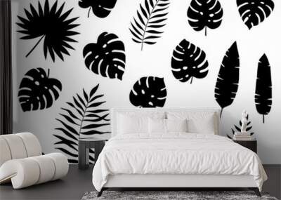 Set of black exotic tropical leaves. Silhouettes of tropical leaves - coconut, Monstera Deliciosa, fan palms, fern, banana. Hand drawn vector elements Isolated on white background. Flat style.  Wall mural