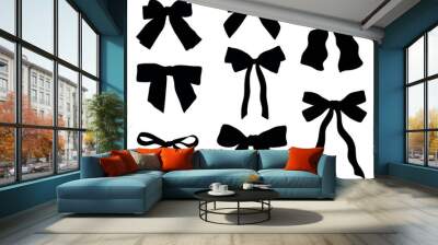 Set of simple decorative holiday ribbon bows isolated on white background. Bow silhouette hand drown Wall mural