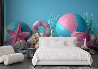 Set of summer accessories elements for holiday vacation isolated on blue background. Beach items for swimming and relax, beach ball, seashell, hat and other, 3d render Wall mural