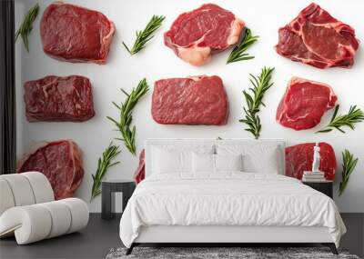 Set of various types of raw beef steak, on white background Wall mural