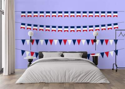 France hanging flags. French national bunting, garland, streamer vector set. Flat decorative party tricolor flag banners isolated design elements Wall mural