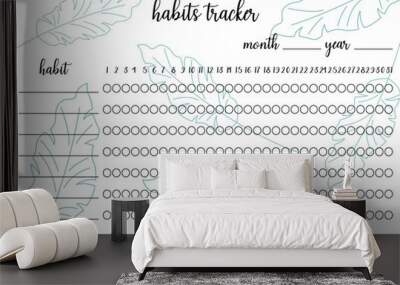 Habits tracker printable template. Blank notebook page horizontal A4. Vector illustration of paper sheet for marking habits success in month. Tropical background Wall mural