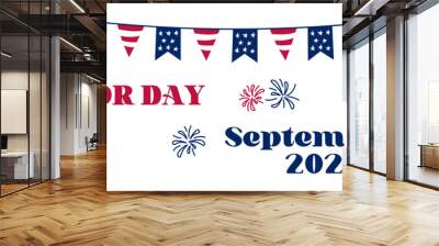 Labor Day 2023 banner. American Labor Day celebration poster. Text and doodle symbols of USA. Vector illustration Wall mural