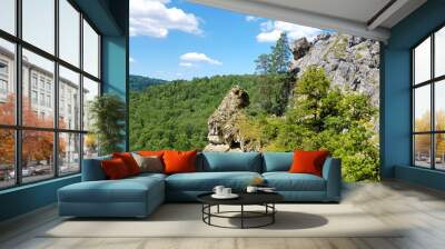 Scenery landscape with green forest and high rocky mountain under blue sky. hike concept Wall mural