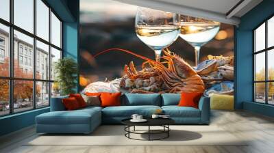 shrimp wine seafood on the beach background. selective focus Wall mural