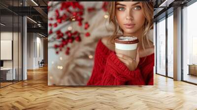 Attractive Woman with Winter Drink, Red Knitted Sweater, by Christmas Decoration. Festive Mood Wall mural