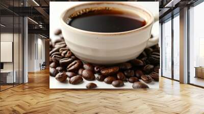 Cup of coffee with coffee beans around. Aromatic beverage, caffeine and energy, coffee shop concept Wall mural