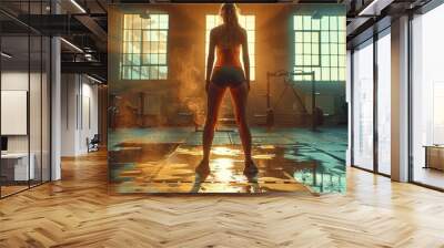 Strong, Fit Woman Stands Confidently in the Middle of a Dramatic, Industrial Gym Setting Wall mural