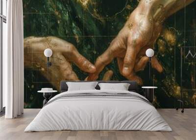 Two Hands Touching With Abstract Golden Network Overlay, Mystical Fine Art Oil Painting on Canvas Wall mural