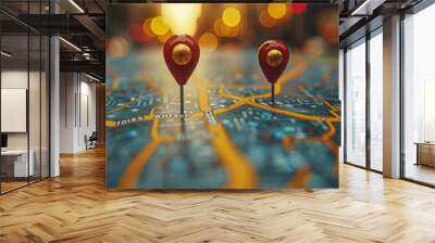 Two Map Pins on City Map Marking Locations, Travel Planning Concept During Golden Hour Wall mural