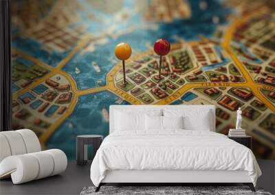 Two Pushpins Marking Locations on a Detailed Vintage City Map, Concept for Travel and Exploration Wall mural