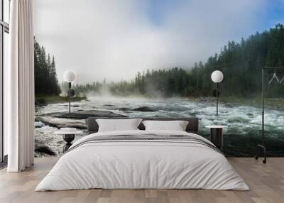 Siberian Balyiktyig hem river in Sayan mountains in early foggy morning. Wall mural