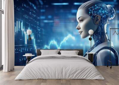 Side view of a female humanoid robot with visible circuits, standing against a background of digital charts and graphs. The robot’s face appears human-like, with mechanical details on the head and nec Wall mural