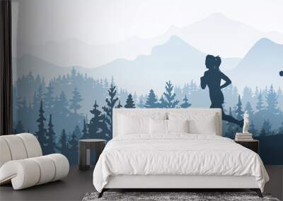 Silhouette of boy and girl jogging. Forest, meadow, mountains. Horizontal landscape banner. Blue illustration.  Wall mural