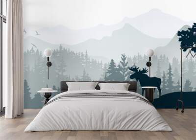 Silhouette of moose on hill. Tree in front, mountains and forest in background. Magical misty landscape. Illustration, horizontal banner. Wall mural