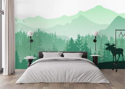 Silhouette of moose on hill. Tree in front, mountains and forest in background. Magical misty landscape. Illustration, horizontal banner. Wall mural