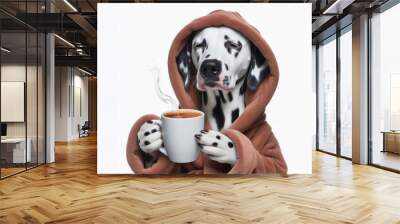 Sleepy Dalmatian dog in bathrobe holding cup of coffee Isolated on white background Wall mural