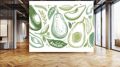 Avocado set. Stamp printing. Whole avocado, halves of avocado and leaves. Hand drawn botanical illustration in vintage style. Graphic fruits isolated on a white background. Wood block print elements. Wall mural