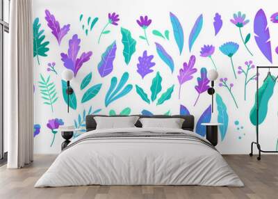 Botanical futuristic leaves and flowers isolated on a white background. Abstract modern foliage collection. Vector modern illustrations in flat style. Wall mural