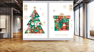 Christmas card templates. Winter icons in abstract modern geometric flat style. Snow globe, Christmas tree and Christmas box. Bauhaus design. Happy holidays. Seasons greetings.Vector illustration set. Wall mural