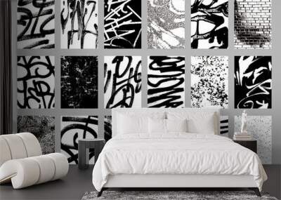 Grunge textures set. Abstract graffiti backgrounds. Brush strokes, spots, scratches, stripes. Sketch monochrome vector illustrations isolated on a white background. Wall mural