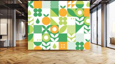 Modern geometric background. Abstract nature: flowers, leaves and fruits. Set of icons in flat minimalist style. Bauhaus. Seamless pattern. Vector botanical illustration.  Wall mural