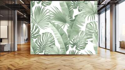 Seamless pattern with tropical palm leaves. Realistic style. Foliage summer background. Vector illustration. Wall mural