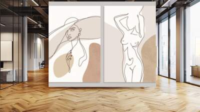 Set of abstract female silhouettes. Elegant illustrations in trendy simple linear style. Portraits and bodies. Vector collages.  Wall mural